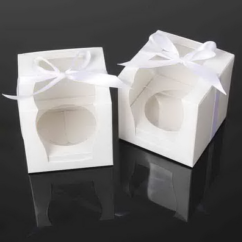 Single Cupcake Gift Paper Cake Box With Base Removable Insert Clear Window And Ribbon